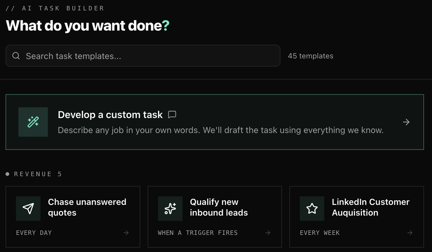 AI Task Builder showing custom task option and templates like Chase unanswered quotes and Qualify new inbound leads
